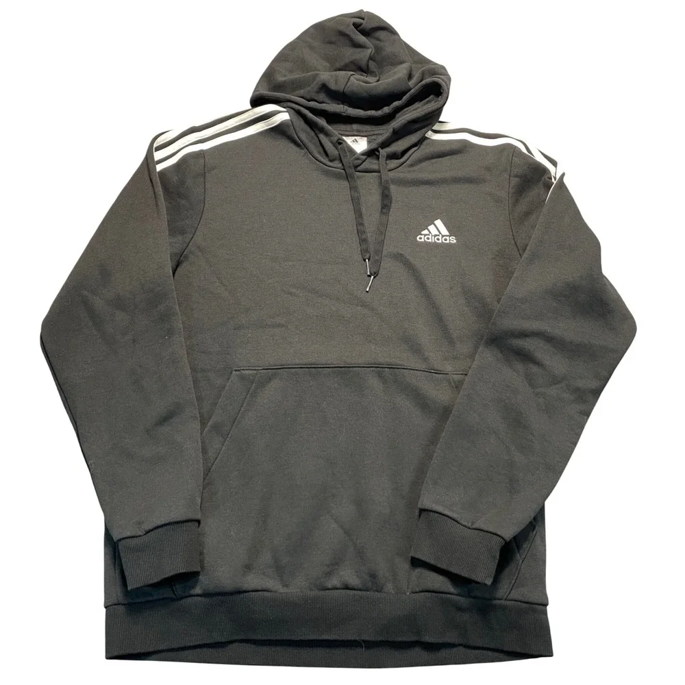 Adidas Mens Essentials 3-Stripes Fleece Hoodie Black White Large